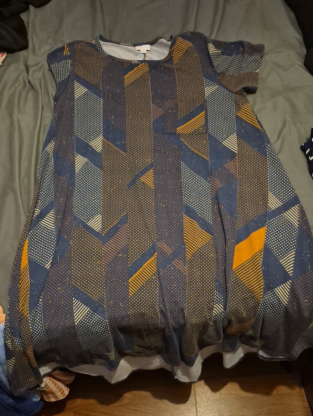 LuLaRoe High Low Dress with Navy, White, And Mustard Yellow Accents